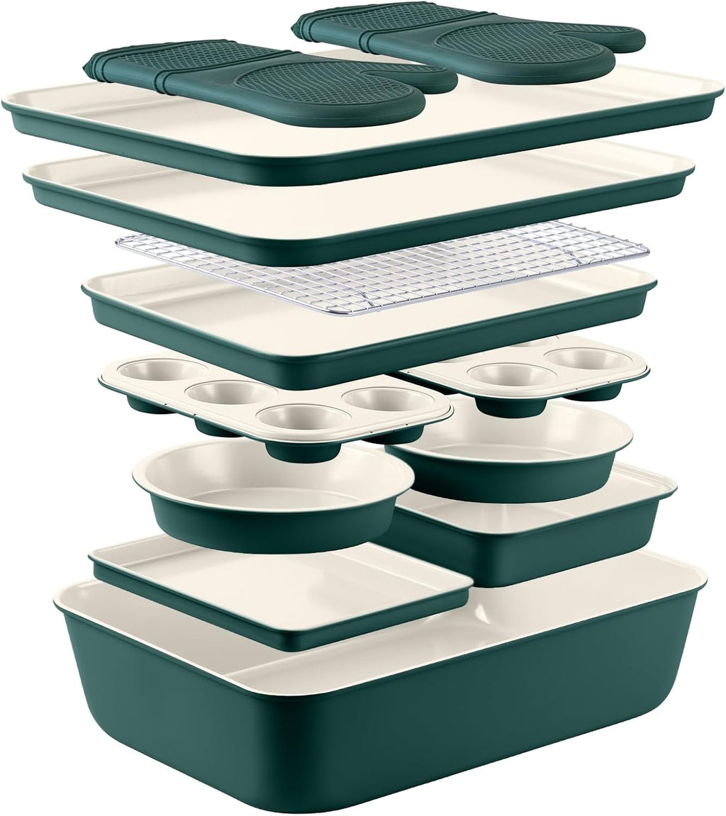 Nonstick Stackable Bakeware Set - Deluxe Heavy Duty, Durable, Easy Release Baking Set, Sage, 13 Pcs