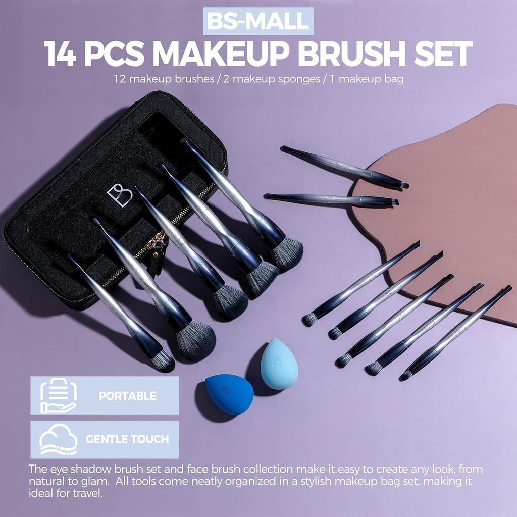 Professional Makeup Bruhses & 2 Pcs Makeup Sponges for FoundationPremium Synthetic Foundation Powder Concealers Eye