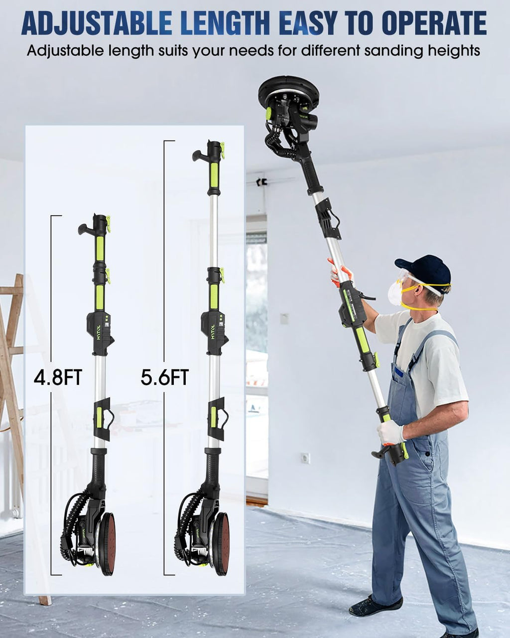 7.2A Drywall Sander with Vacuum, LED, 6-Speed | Digital display 900-1800RPM, foldable & extendable handle, 7.2A