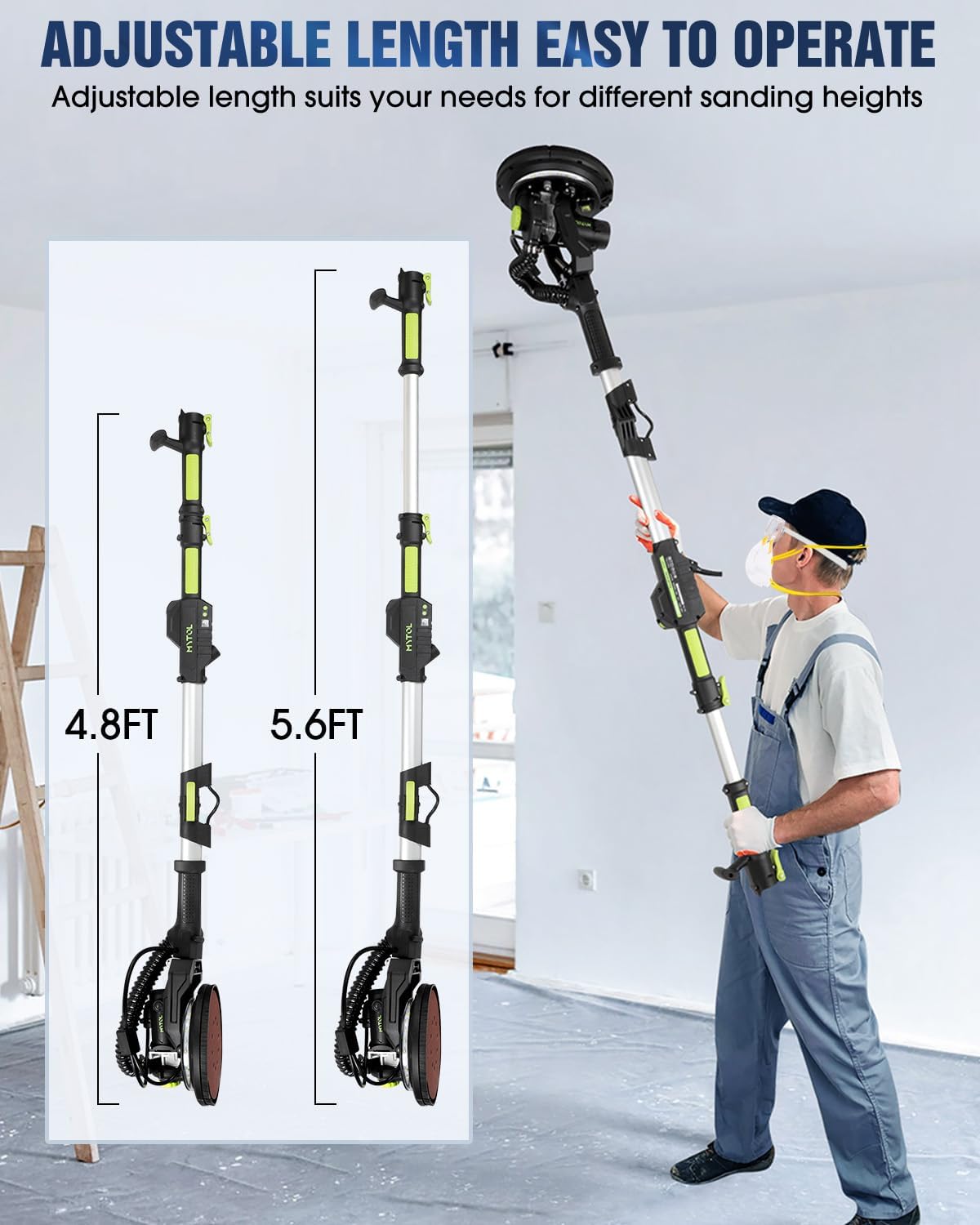 7.2A Drywall Sander with Vacuum, LED, 6-Speed | Digital display 900-1800RPM, foldable & extendable handle, 7.2A