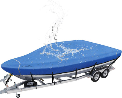 Waterproof 900D Boat Cover, 14'-16' Long 76" Beam Width, Blue | Trailerable, UV-Resistant, Fits V-Hull, Tri-Hull