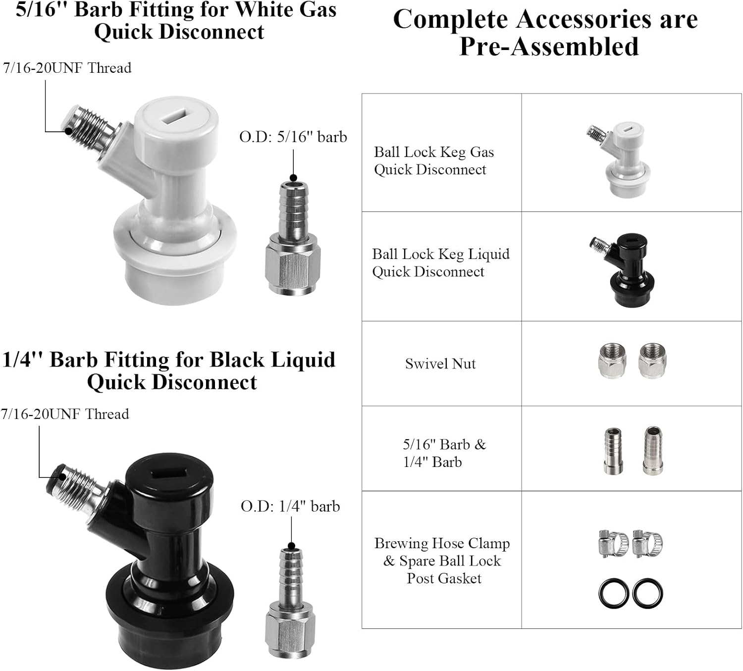 1 Pair Ball Lock Quick Disconnect Set – Corny Keg Connectors for Homebrew | No Leakage, O.D 1/4" Beer Barb O.D 5/16"