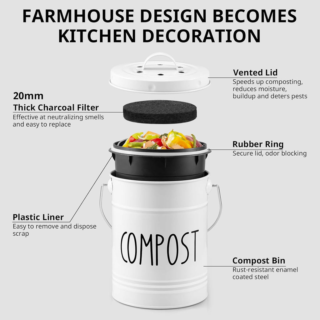 Kitchen Compost Bin, 1 Gallon Countertop Compost Bin with Lid, Indoor Compost Bucket, Includes Inner Bucket Liner and