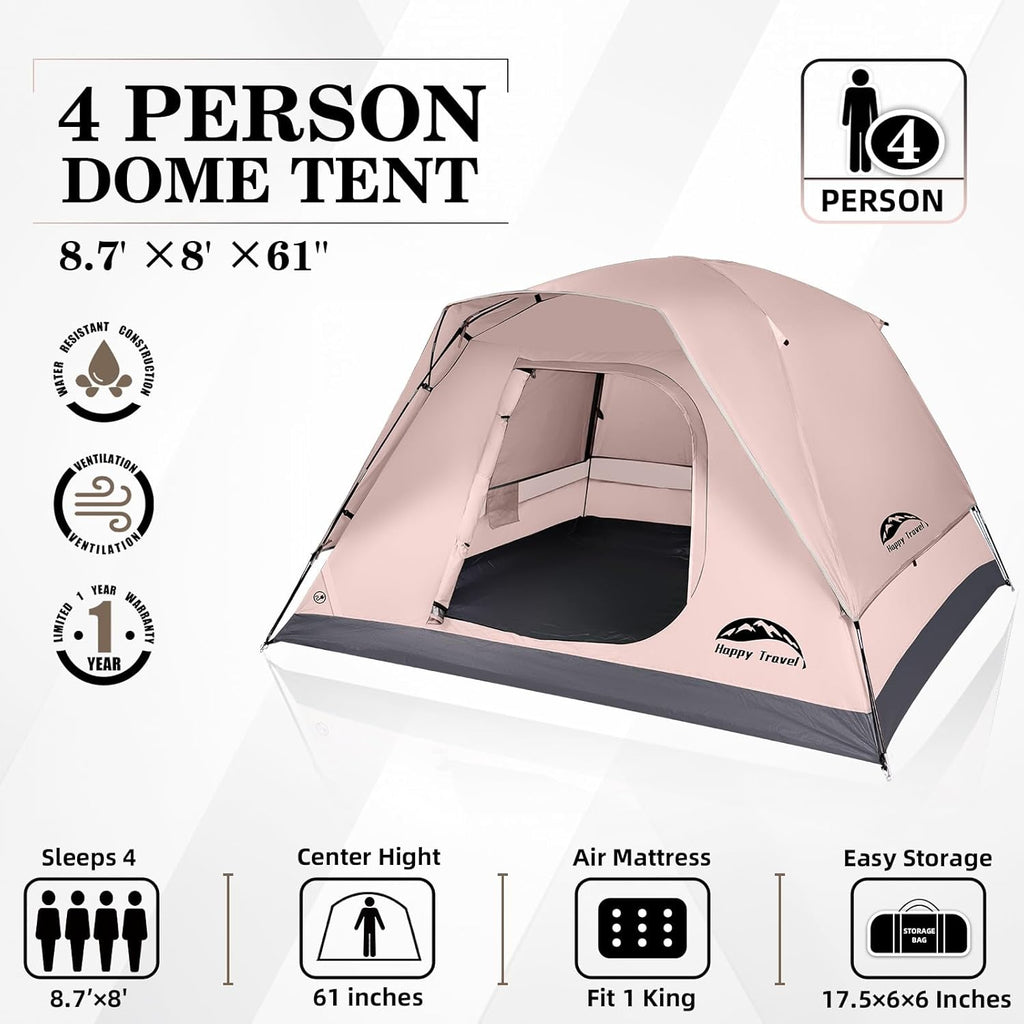 Camping Tent, 4 Person Dome Tents for Camping with Rainfly | Waterproof Clip Easy Setup Portable Family Tent with