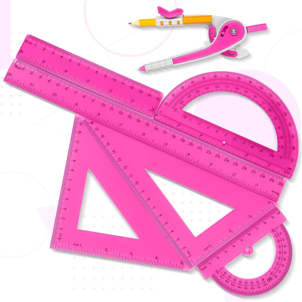 1 Set Plastic Geometry Math Set 7 Pcs Includes 6'' / 4 '' Protractor, Drawing Compass, 45/60 Degree Triangle Rulers