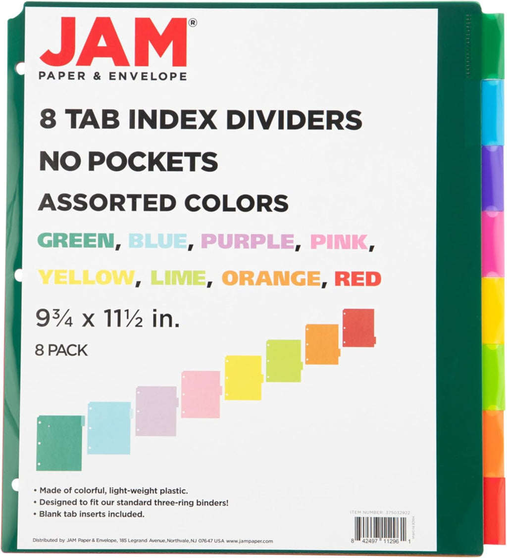 Plastic Index Tab Dividers - 8-Tab - 9 3/4 x 11 1/2 - Multicolor - 8 Tabbed Dividers/Pack