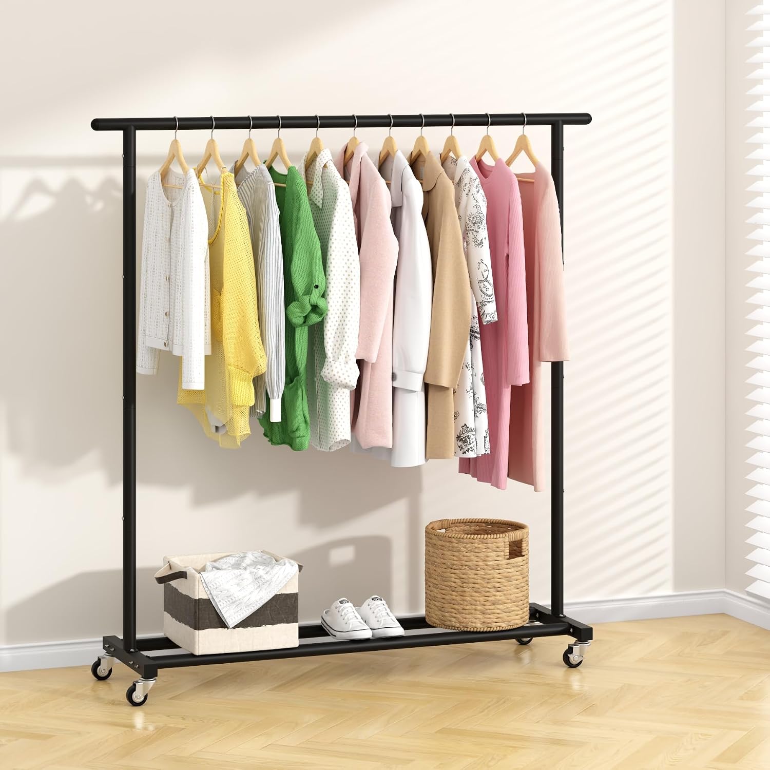 Metal Rolling Clothing Rack Adjustable Freestanding Garment Organizer with Wheels, Space-Saving Design for Home