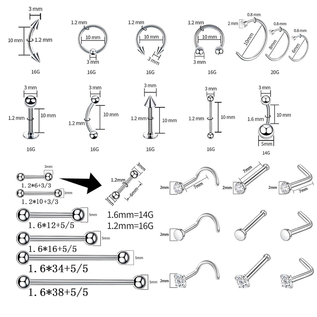 80PCS Nose Piercing Kit: Stainless Steel Body Piercing Jewelry with 12G, 14G, 16G, 20G Needles for Ear, Nose, Lip