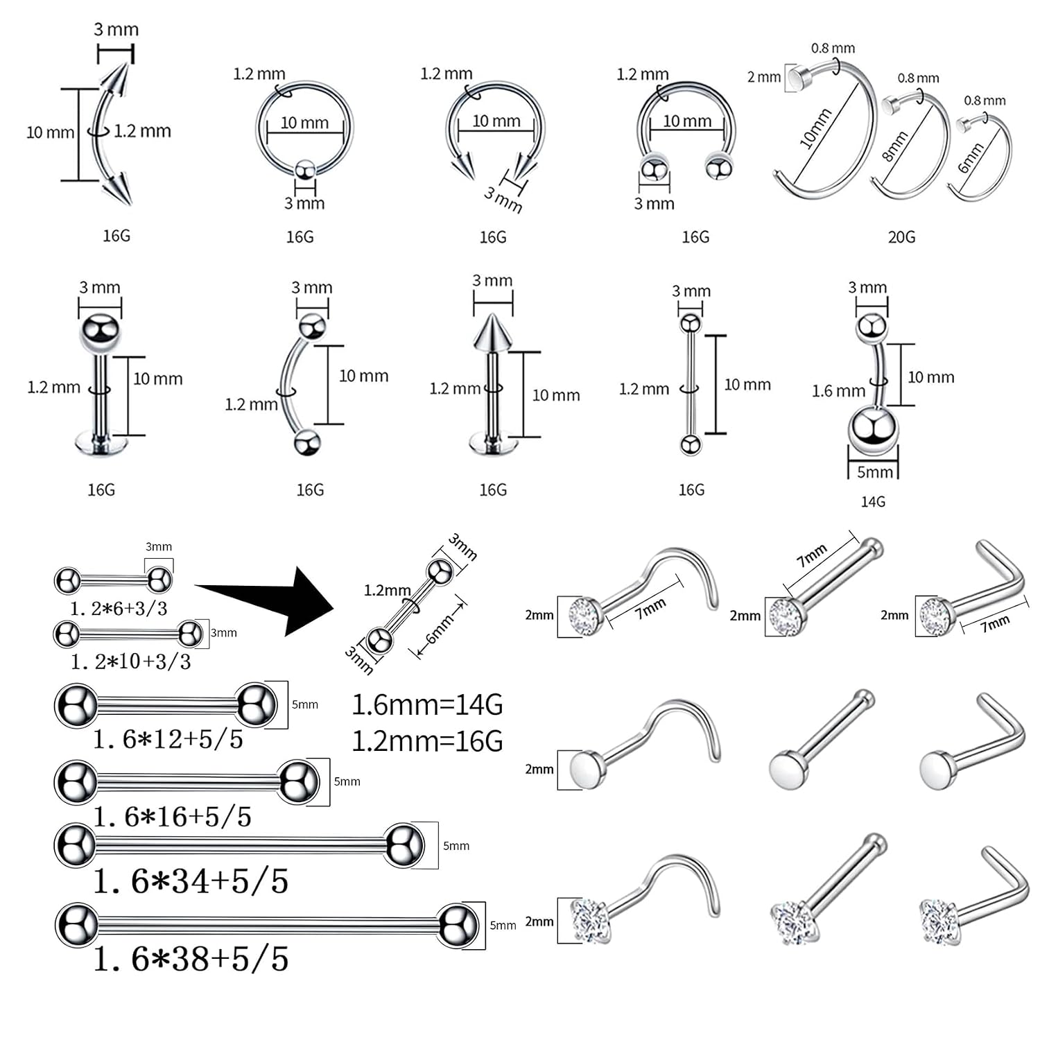 80PCS Nose Piercing Kit: Stainless Steel Body Piercing Jewelry with 12G, 14G, 16G, 20G Needles for Ear, Nose, Lip