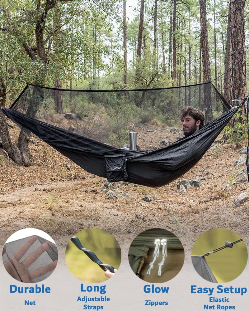 Hammock Camping with Rain Fly Tarp and Net, Portable Camping Hammock Double Tree Hammock Outdoor Indoor Backpacking