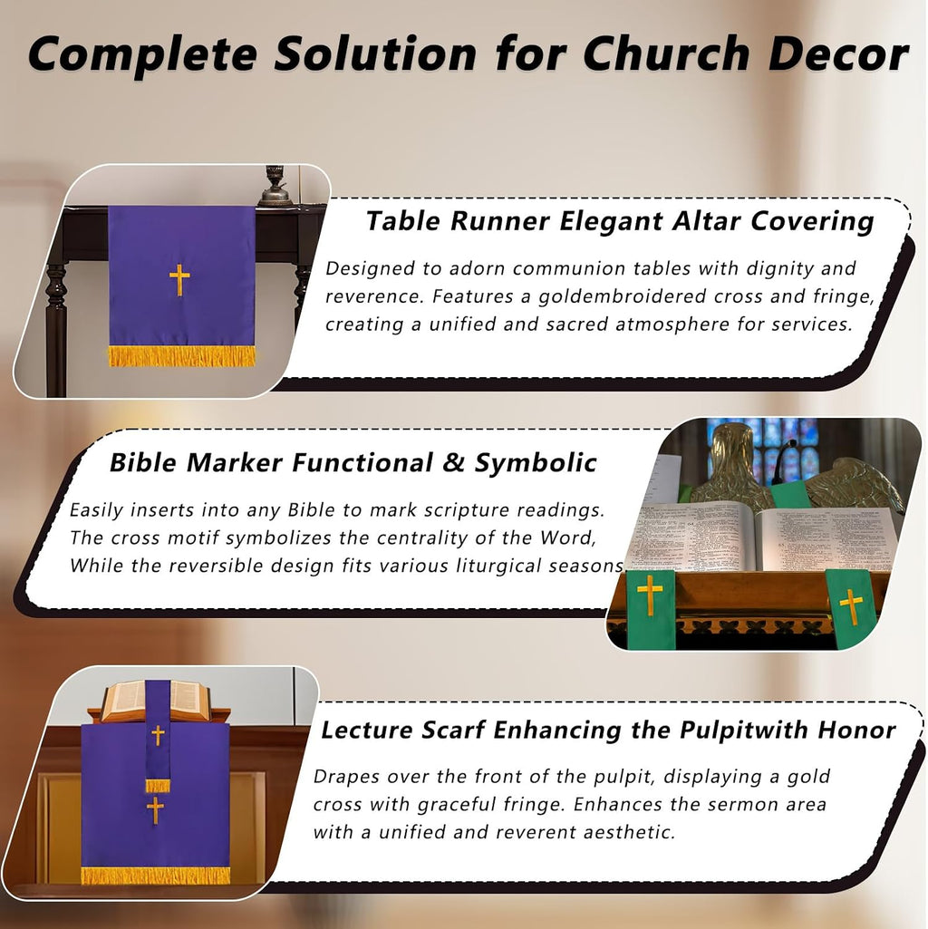 3-Piece Church Parament Set, Reversible Pulpit & Communion Linens