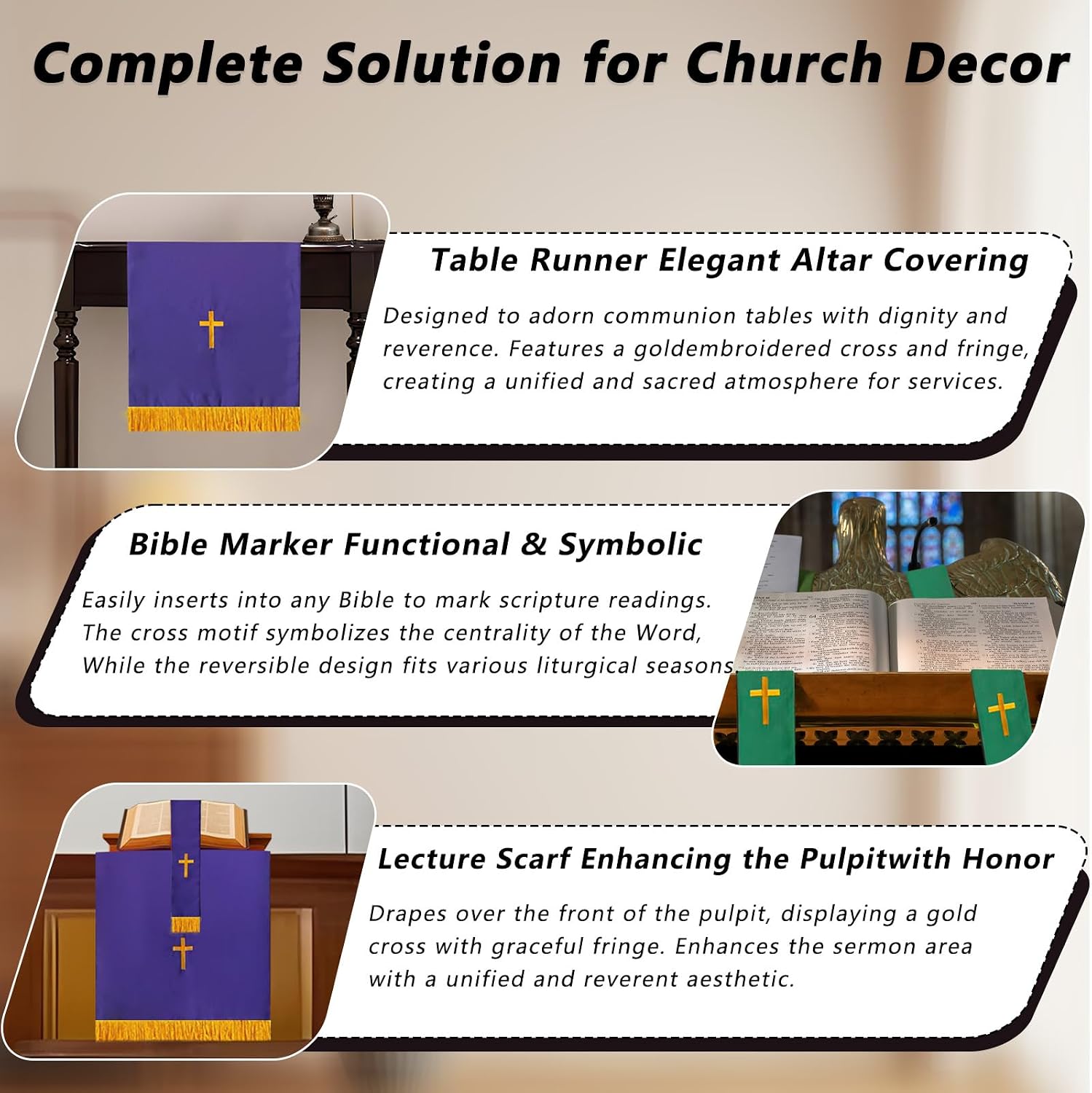3-Piece Church Parament Set, Reversible Pulpit & Communion Linens