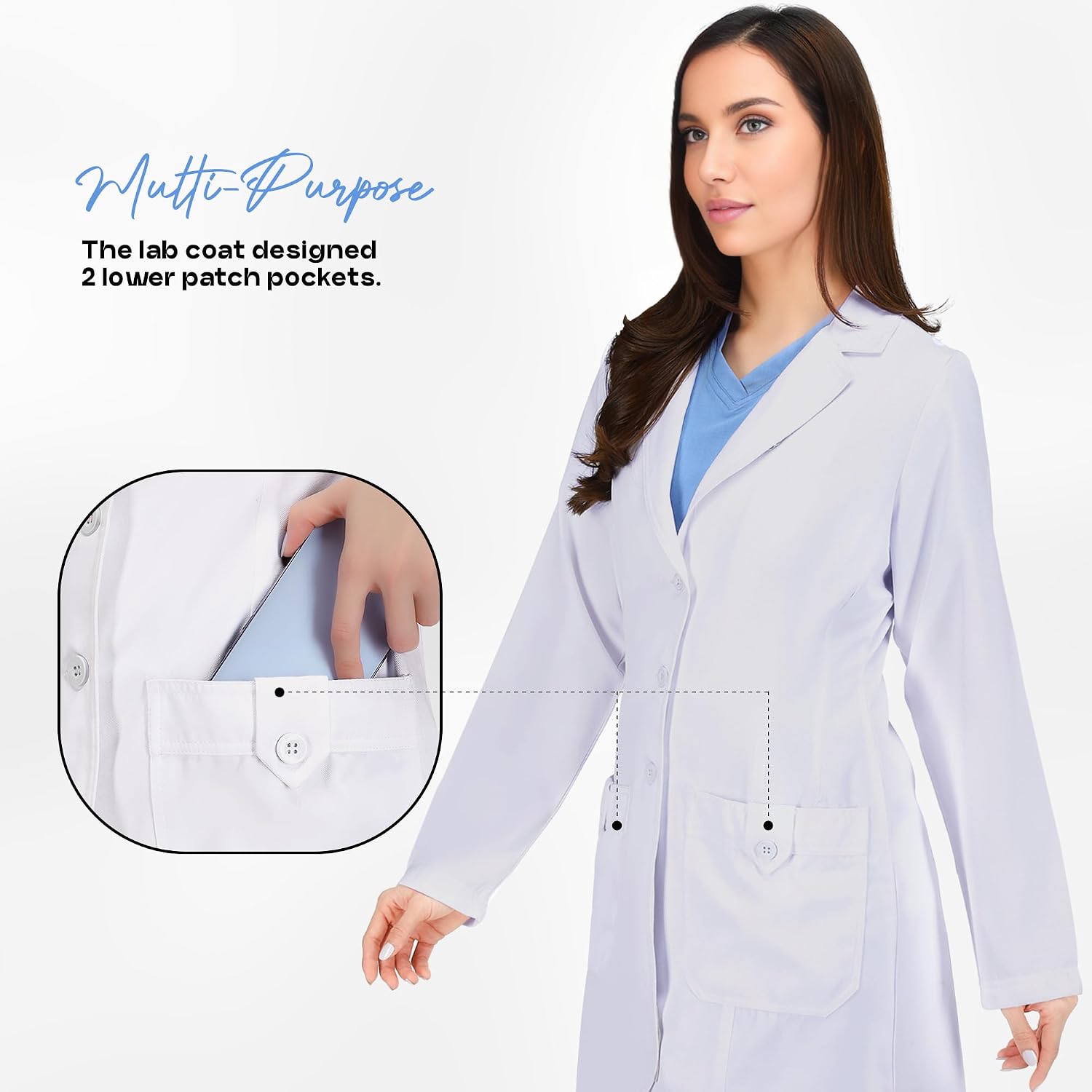 Medical Lab Coat Button-Front Long Sleeve for Classroom Lab & Healthcare