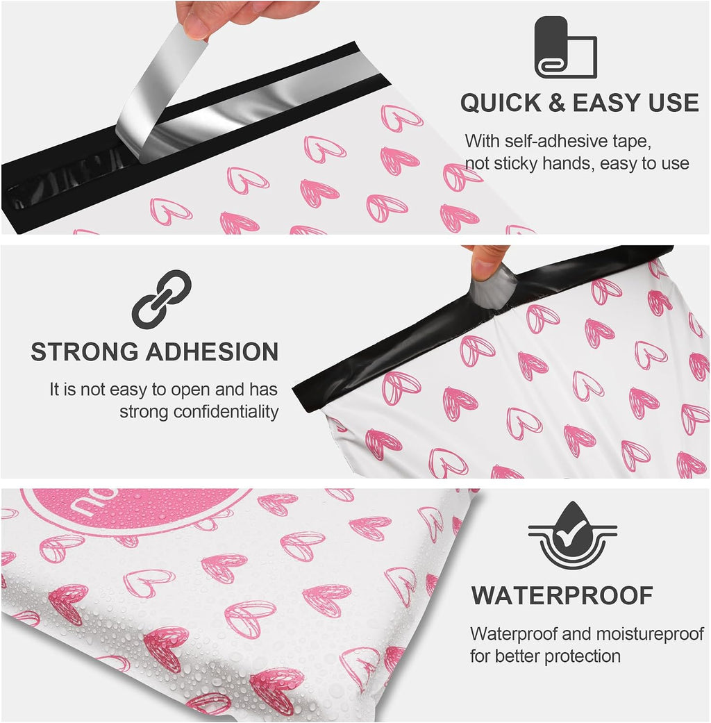 10x13 Boutique Poly Mailers 100 Pack, Pink Hearts Design