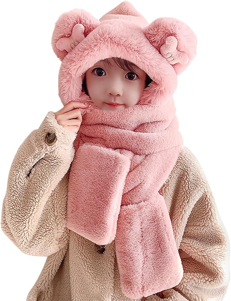 Kids Winter Hat Scarf Mittens 3 in 1 Faux Fur Hat Hooded Scarf Earflap Cap Neck Warmer Fuzzy Hoodie Ski Snow Cap