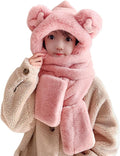 Kids Winter Hat Scarf Mittens 3 in 1 Faux Fur Hat Hooded Scarf Earflap Cap Neck Warmer Fuzzy Hoodie Ski Snow Cap