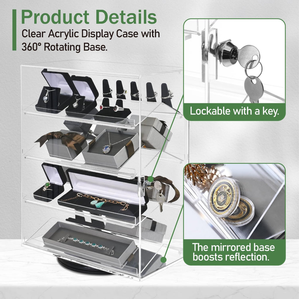 Rotating Acrylic Eyewear Display Case with 4 Removable Shelves | Premium Acrylic display case with 4 removable