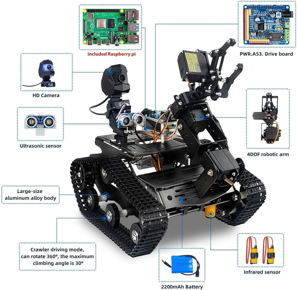 Smart WiFi Robot Kit with Raspberry Pi 5, 4DOF Robotic Arm Track Tank Chassis Robot Car with 2DOF HD Camera