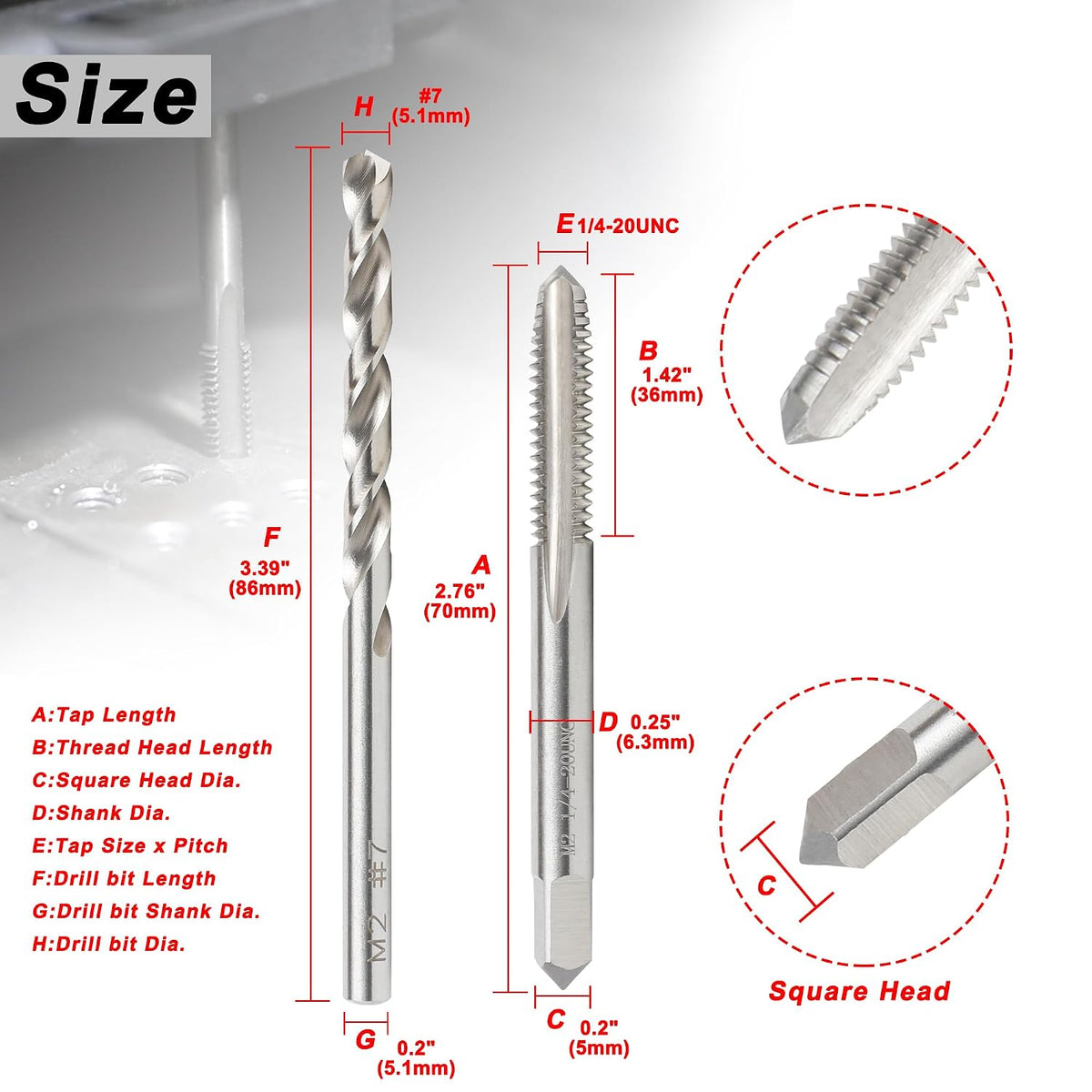 1/4"-20 UNC Tap and #7 Drill Bit Set, M2 HSS Drill and Tap Set