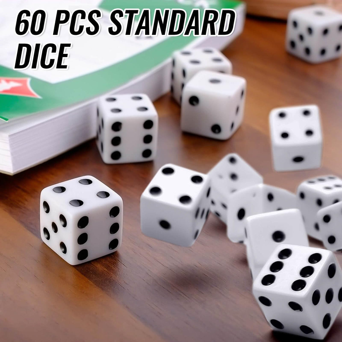 60 Pieces Standard Dice, 16mm Bulk White Opaque Black Pips Six Sided Dice Set