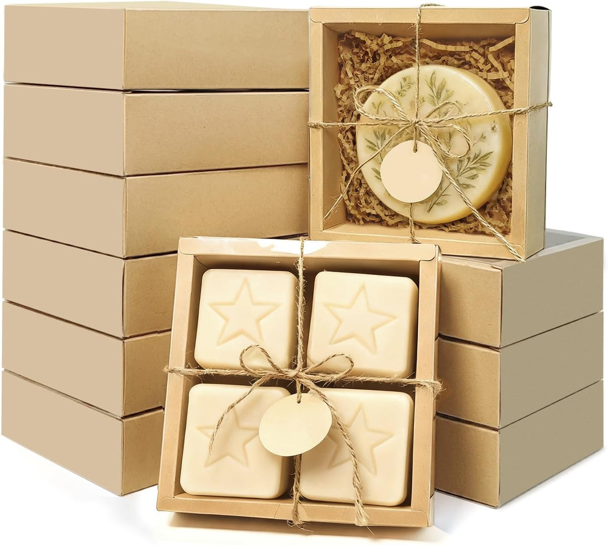 30 Kraft Gift Boxes, 5.5x5.5x2 in with Raffia Blank Tags Jute String