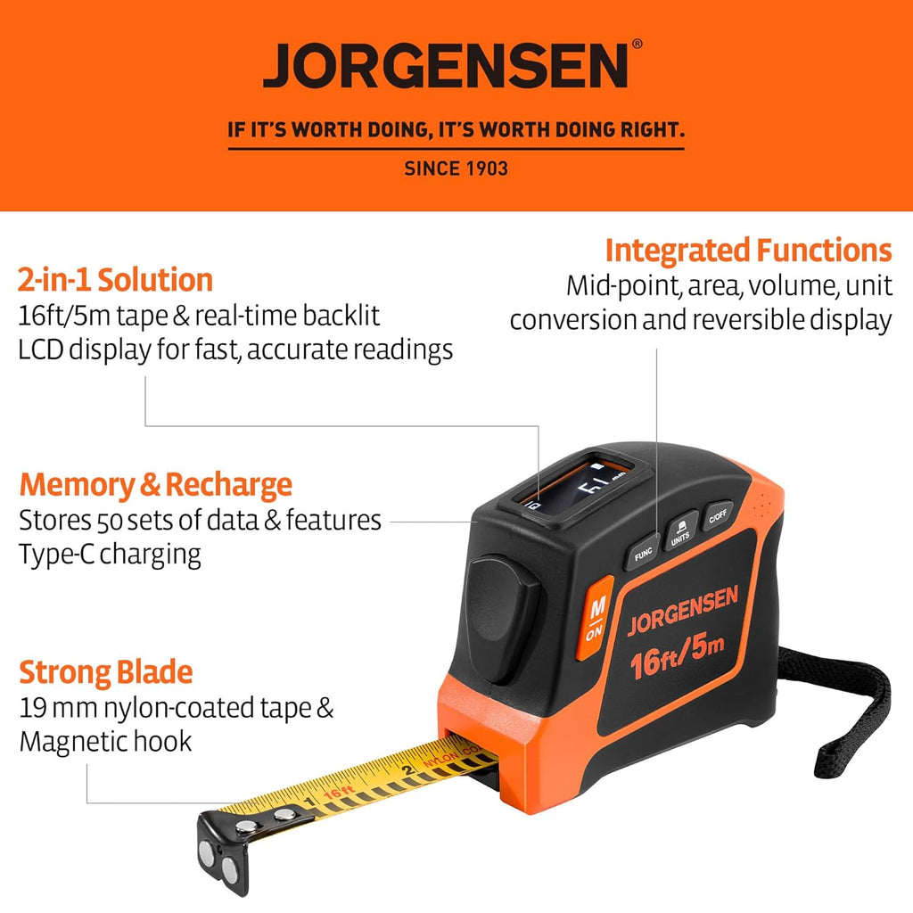 Digital Tape Measure, 16Ft Rechargeable Digital Measuring Tape Ft/Ft+in/in/M/CM/MM Unit, Metric & Inches Tape