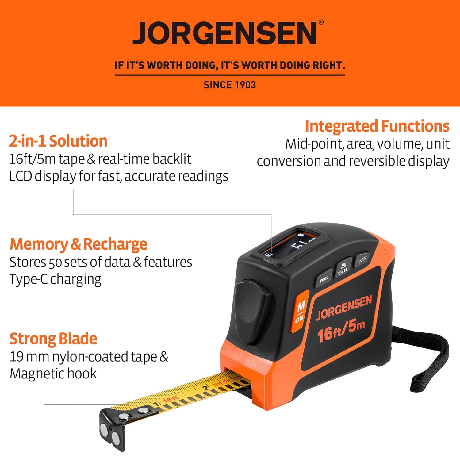 Digital Tape Measure, 16Ft Rechargeable Digital Measuring Tape Ft/Ft+in/in/M/CM/MM Unit, Metric & Inches Tape