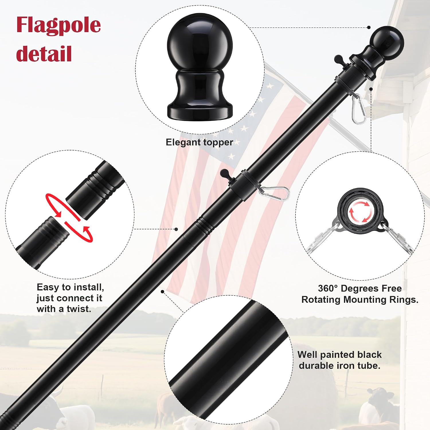 Flag Pole for Outside House, Black Garden Flag Pole with Flag Pole Rings, Heavy Duty Metal Indoor Outdoor House Yard