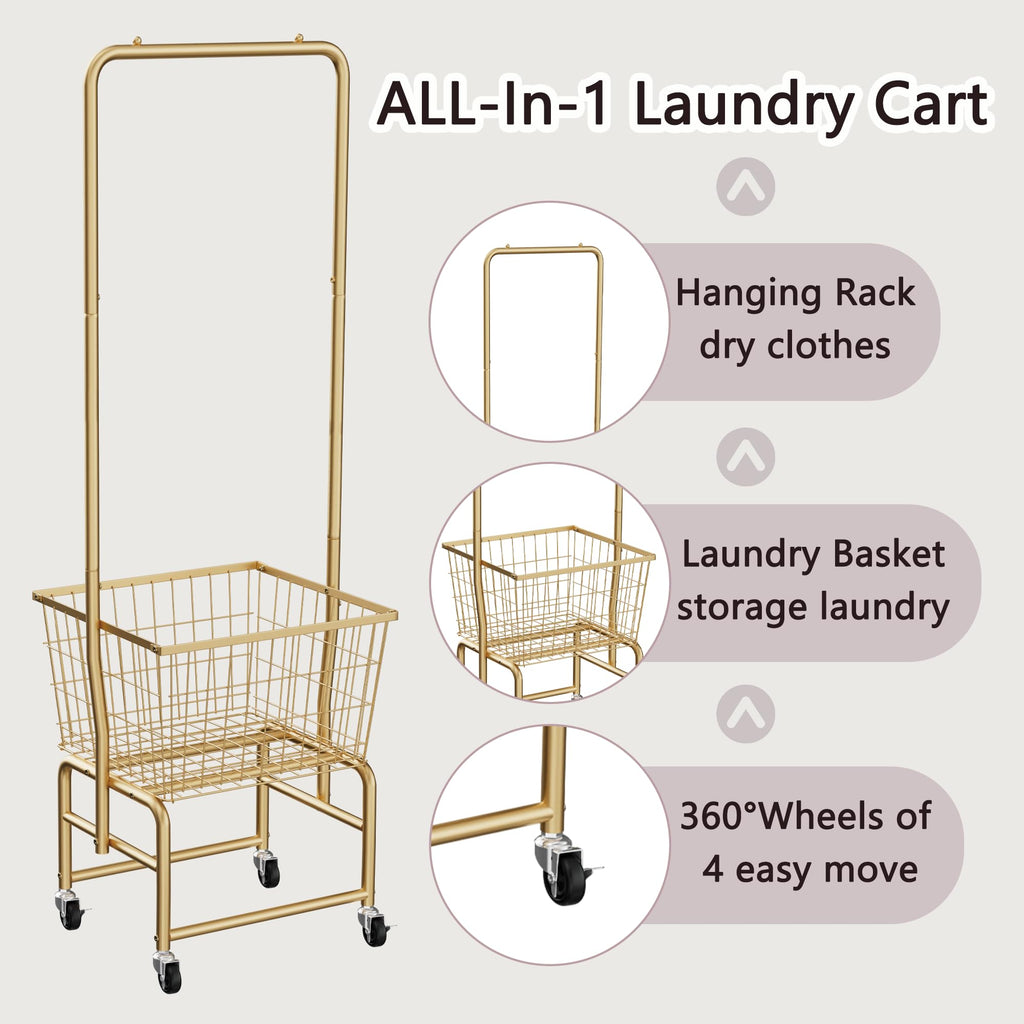 Rolling Laundry Cart with Wheels, Laundry Hamper Basket Organizer with Clothes Hanging Rack, Wire Storage Cloth Shelf