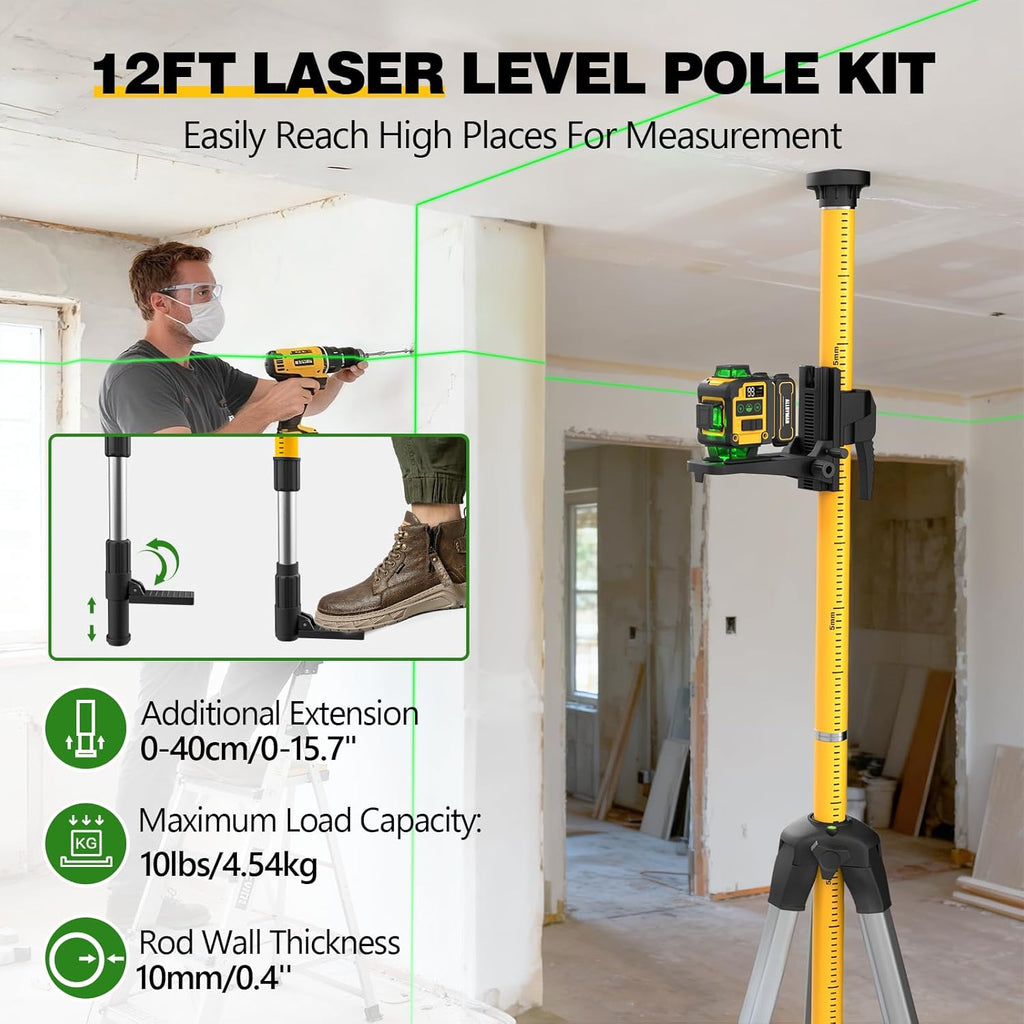 4x360°Self Leveling Laser Level, 12 Ft./3.7M Professional Laser Level Pole with Tripod, Green Line Lazer Leveler Tool