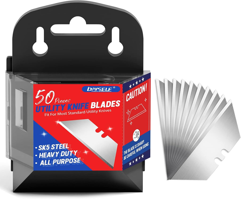 50 Pack Utility Knife Blades, SK5 Steel Box Cutter Blades with Dispenser, Standard Blades for Box Cutter Utility