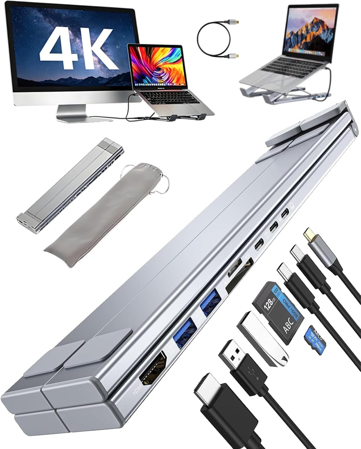 USB C Laptop Stand with Docking Station,8 in 1 Hub Laptop Stand Foldable Computer Riser with 4K HDMIPD 100W Dual Data