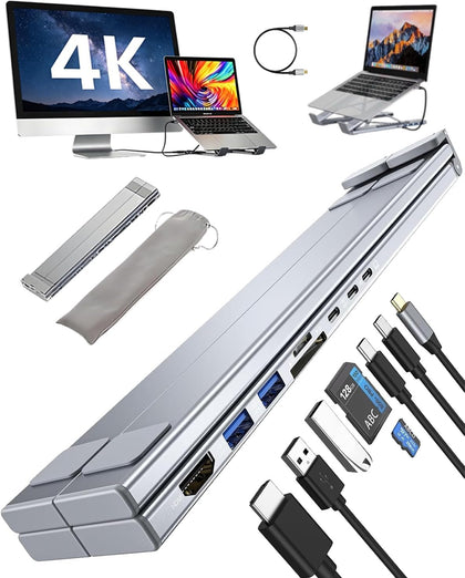 USB C Laptop Stand with Docking Station,8 in 1 Hub Laptop Stand Foldable Computer Riser with 4K HDMIPD 100W Dual Data