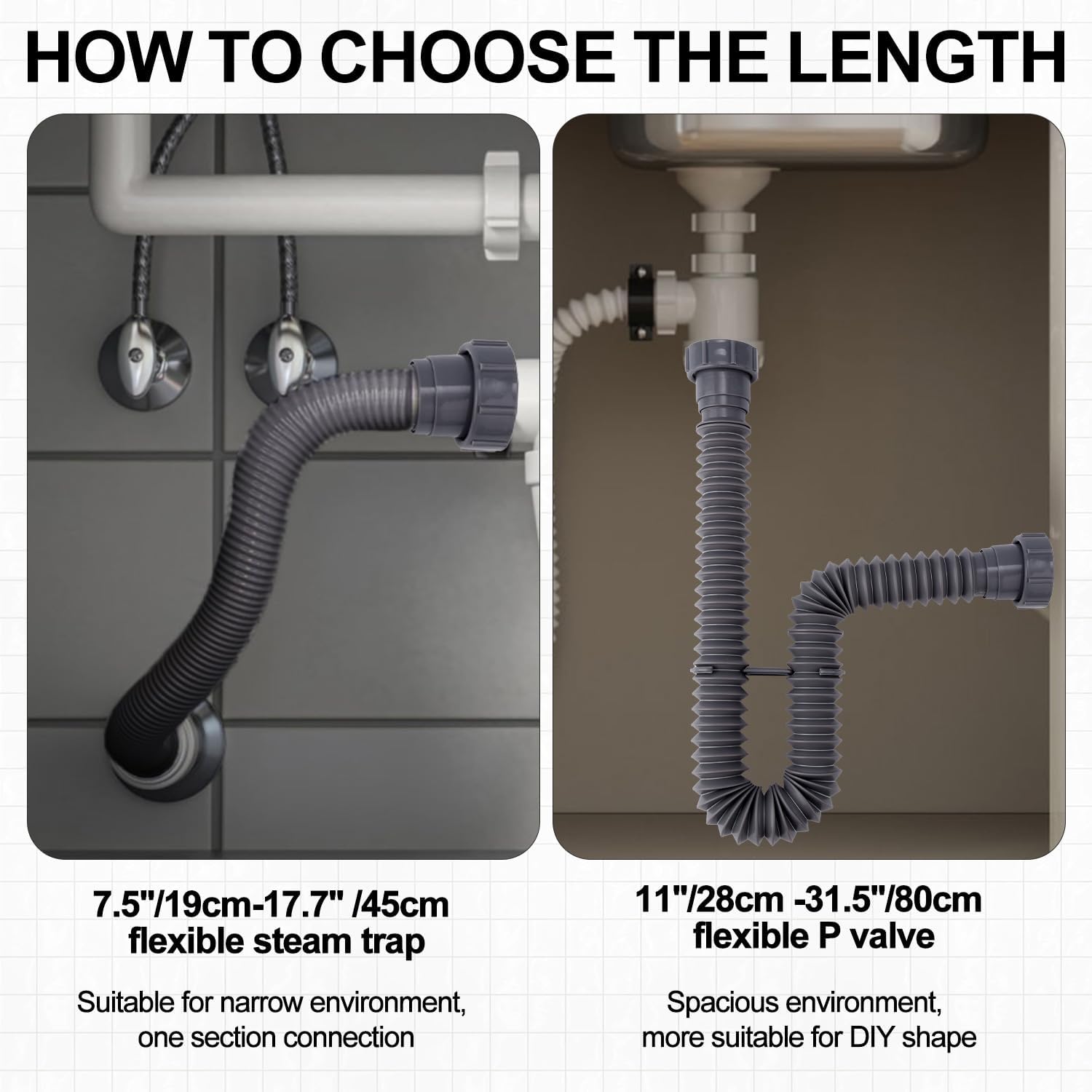 Sink Drain Kit, 1-1/2 Inch Expandable Flexible P-Trap 7.5 Inch - 17.7 Inch | Flexible Sink Drain Pipe for Bathroom