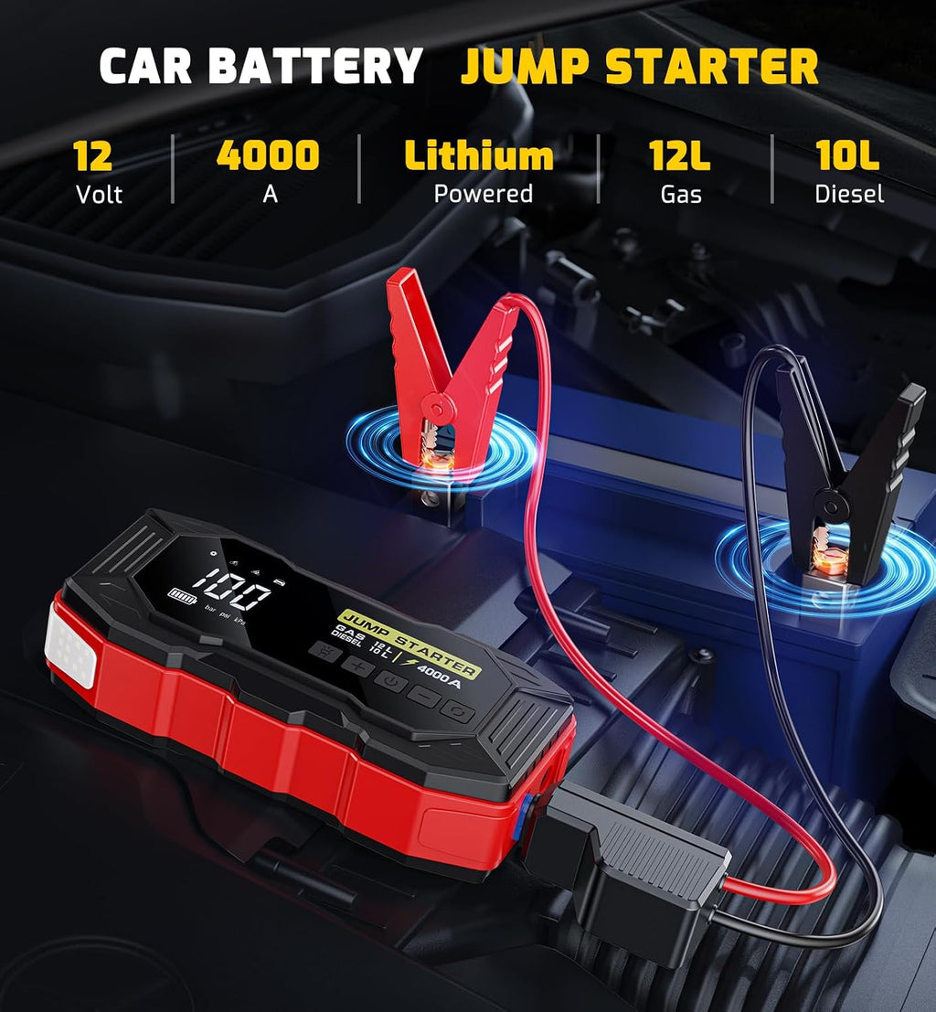 Jump Starter with Air Compressor 4000A Portable Car Battery Jump Starter (All Gas/10L Diesel), 160PSI Auto-Shutoff