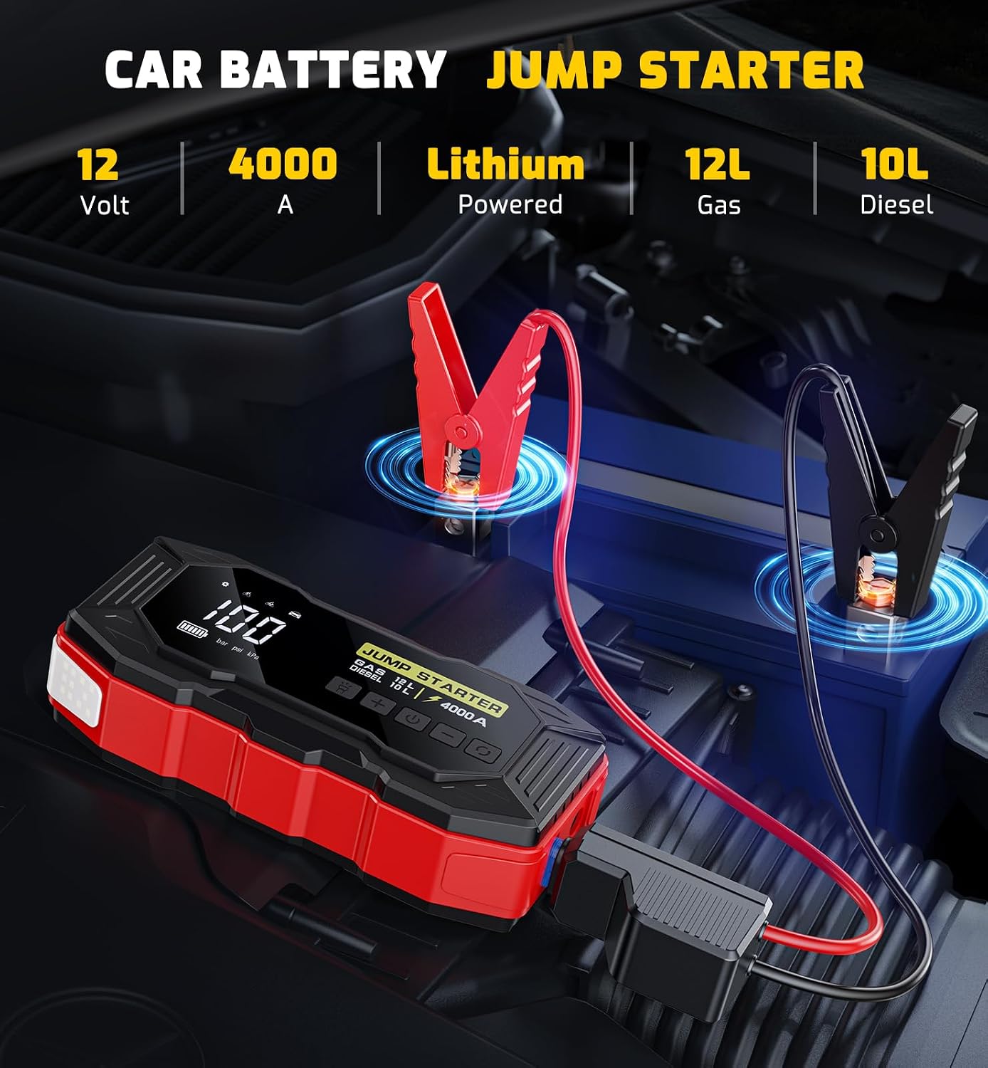 Jump Starter with Air Compressor 4000A Portable Car Battery Jump Starter (All Gas/10L Diesel), 160PSI Auto-Shutoff