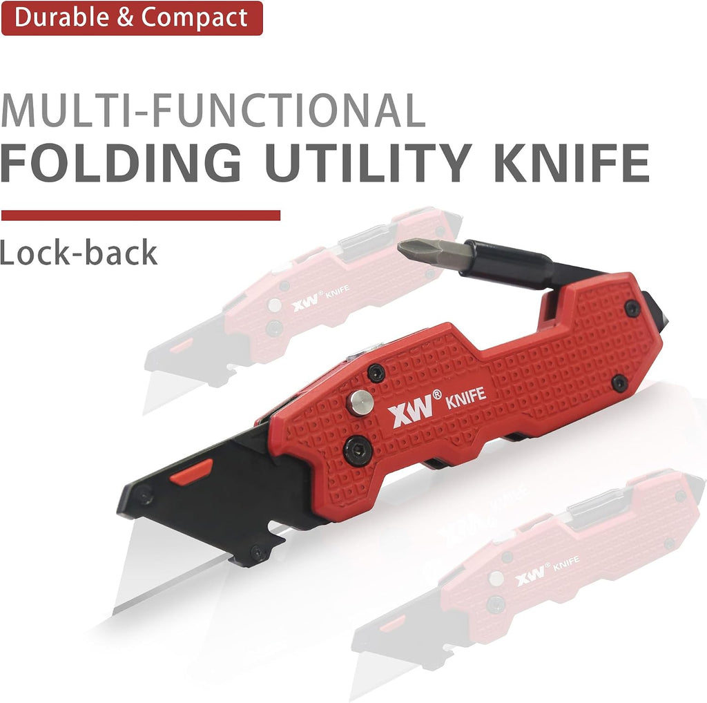 Folding Utility Knife with Screwdriver, 5-in-1 Multi-functional Heavy Duty Lock-back Box Cutter