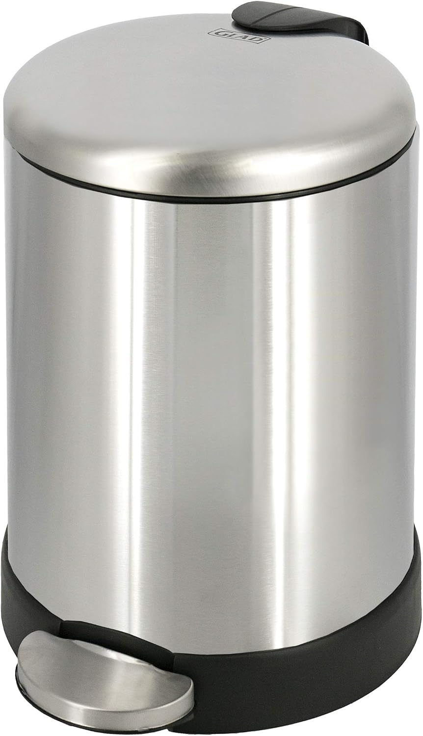 Small Trash Can, 1.2 Gallon | Round Stainless Steel Garbage Bin with Soft Close Lid & Step Foot Pedal | Metal Waste