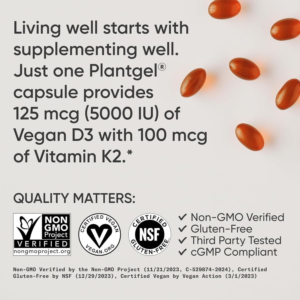 Vitamin D3 + K2 w/ Coconut Oil - Vegan Vitamin D 5000iu & Mk7 Vitamin K 100mcg for Bone & Immune Support - Vegan