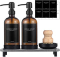 Kitchen Soap Dispenser Set with Instant Dry Tray,16 Oz Hand and Dish Soap Amber Glass Dispenser Set,Stainless Steel