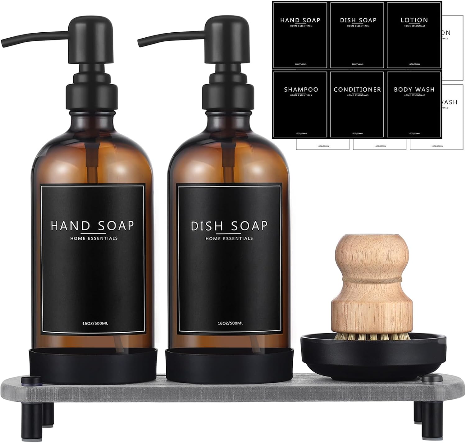 Kitchen Soap Dispenser Set with Instant Dry Tray,16 Oz Hand and Dish Soap Amber Glass Dispenser Set,Stainless Steel