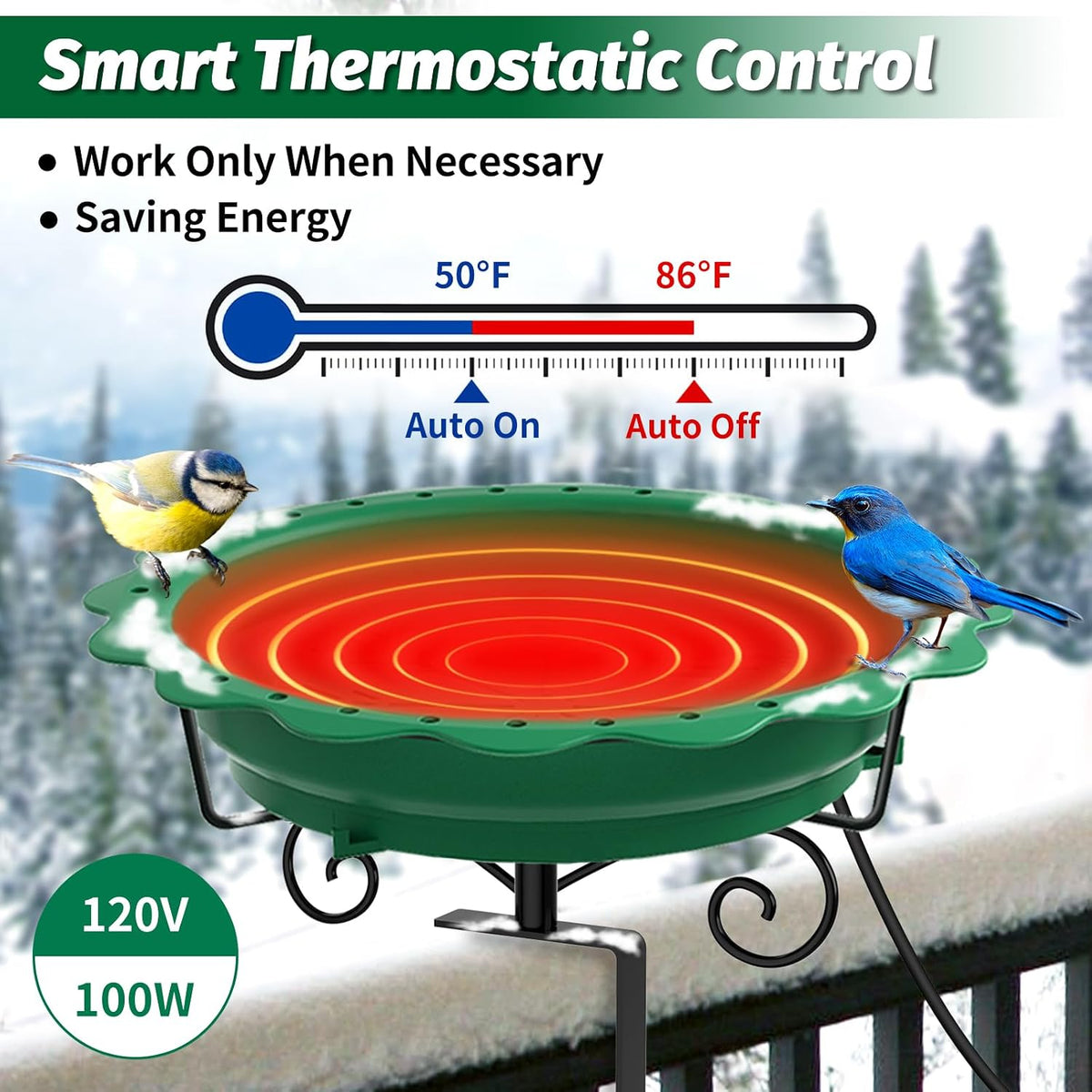 Heated Bird Bath for Deck Railing, 100W Heated Birdbath for Outdoors, Green