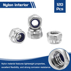Kozelo 120Pcs M3-0.5 Nylon Locking Hex Nuts 304 StainlessSteel Silver