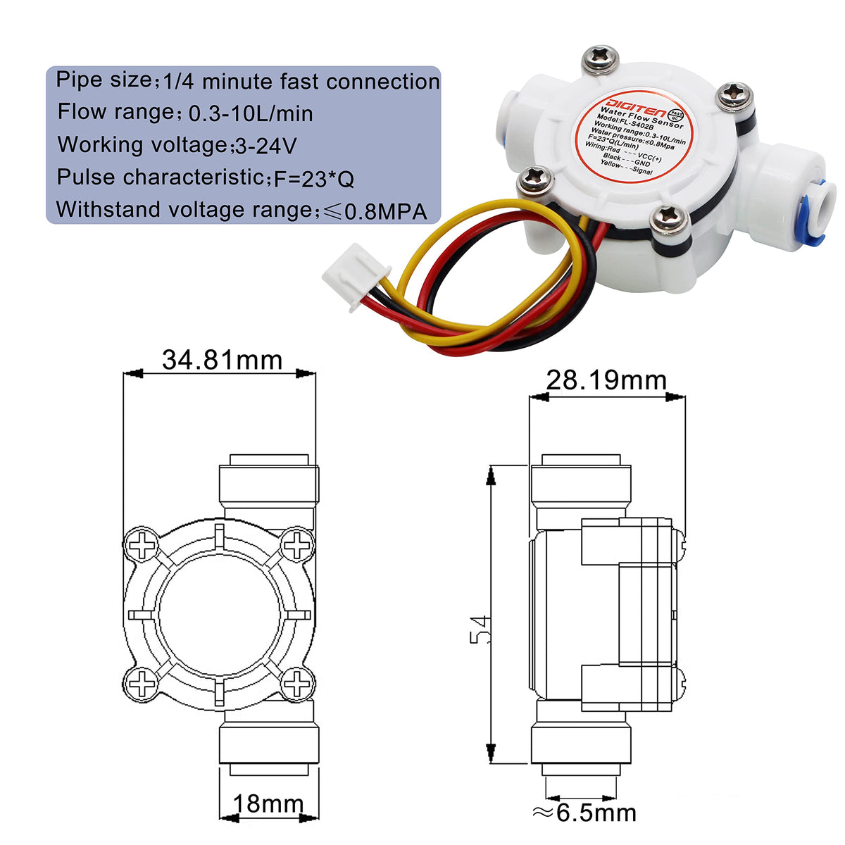 DIGITEN 1/4 Quick Connect 0.3-10L/min Water Hall Effect Flow Sensor Meter