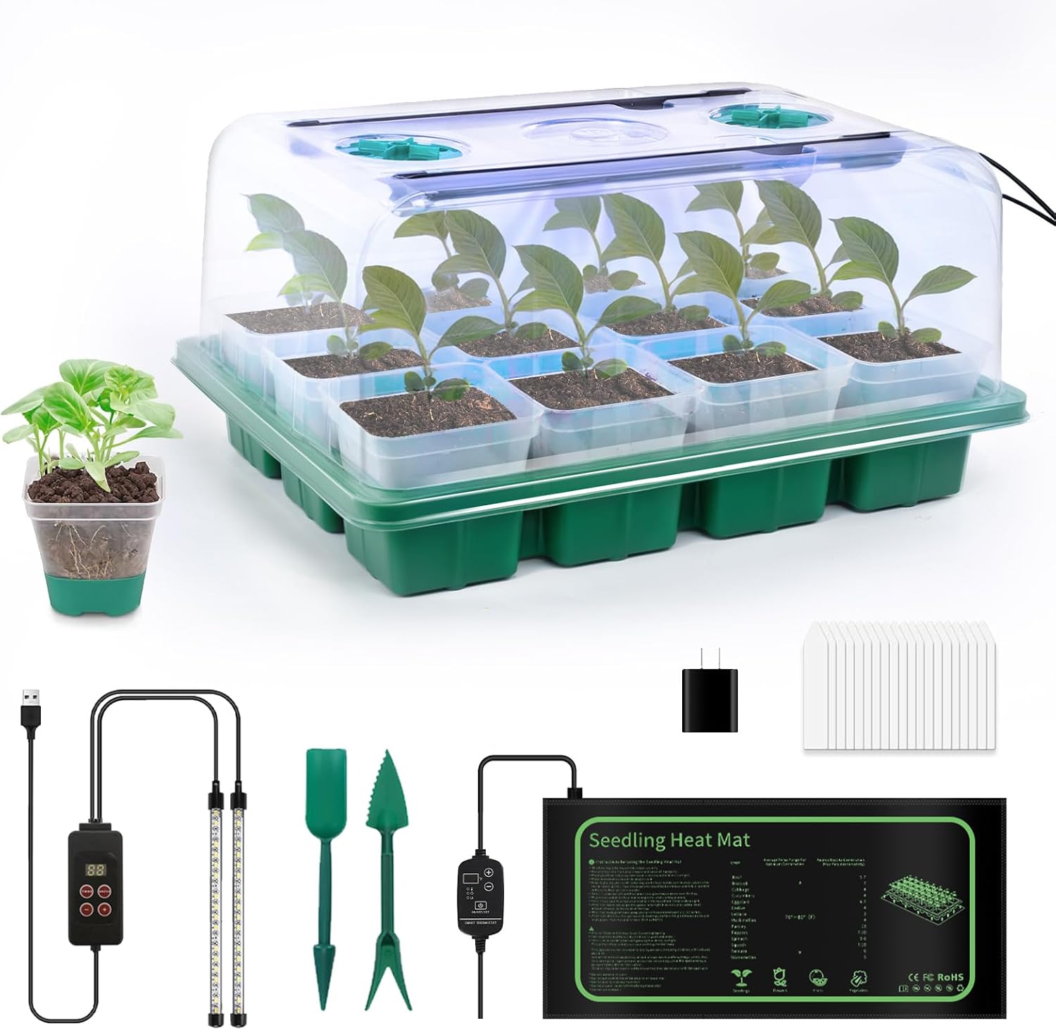 12 Cell Seed Starter Kit with Grow Light Heating Mat & Silicone Pots | Grow Light, Graphene Heating Mat, Reusable