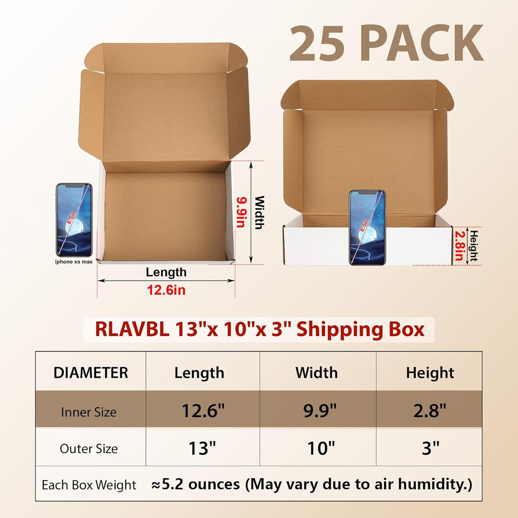 13x10x3 Shipping Boxes Set of 25, White Corrugated Cardboard Box for Packing, Mailing, Business