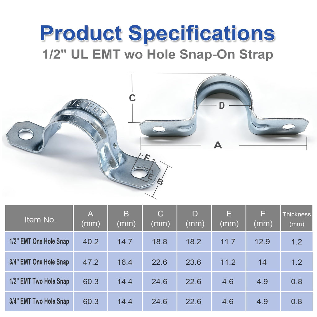 1/2 Inch Two Hole EMT Conduit Clamp, Pipe Strap U Bracket 25 Pack