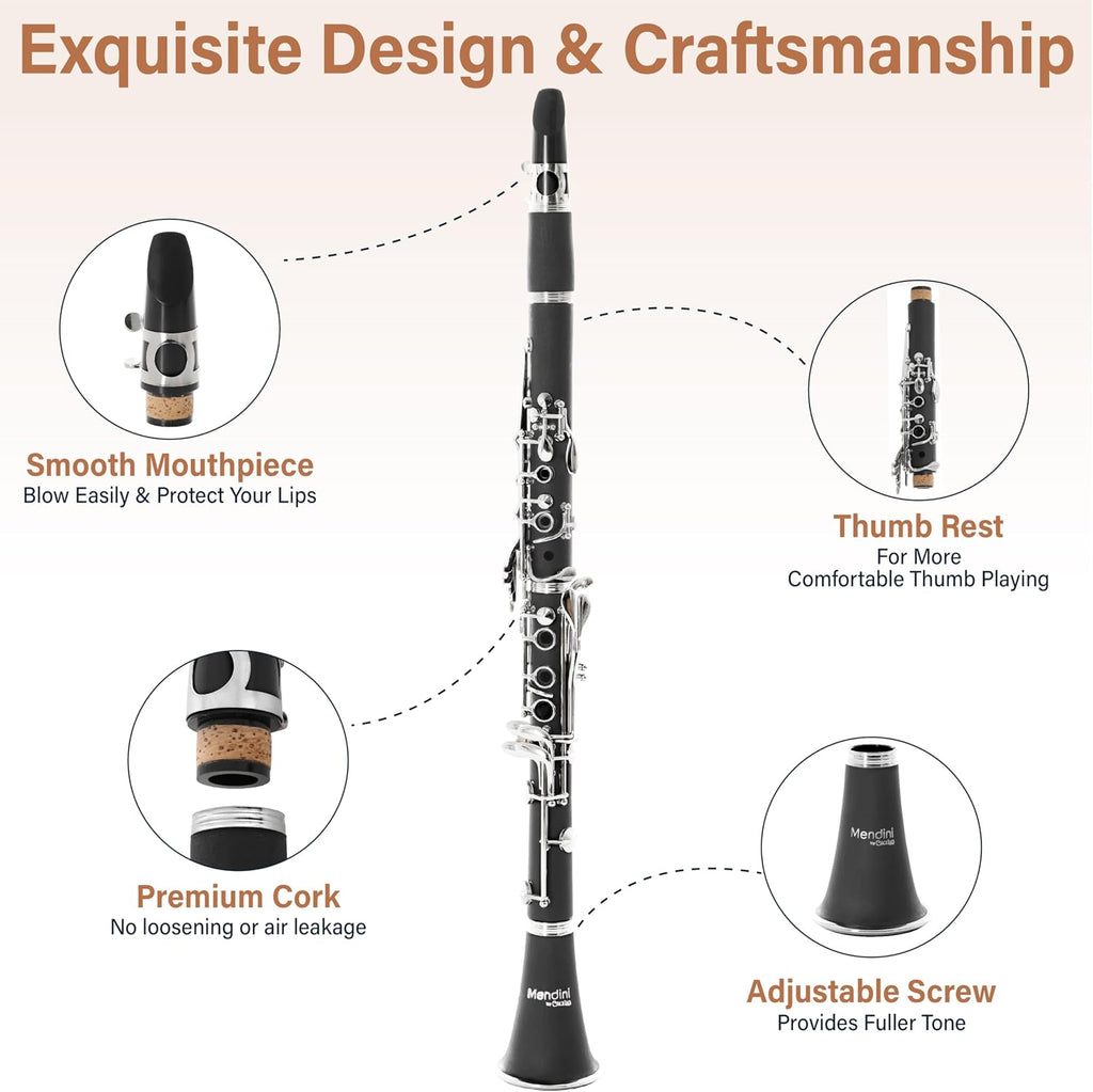 Ebonite Bb Clarinet Kit for Beginner - Black | B Flat Clarinet Kit with 10 Reeds, Mouthpiece, Cork Grease, Hard Case