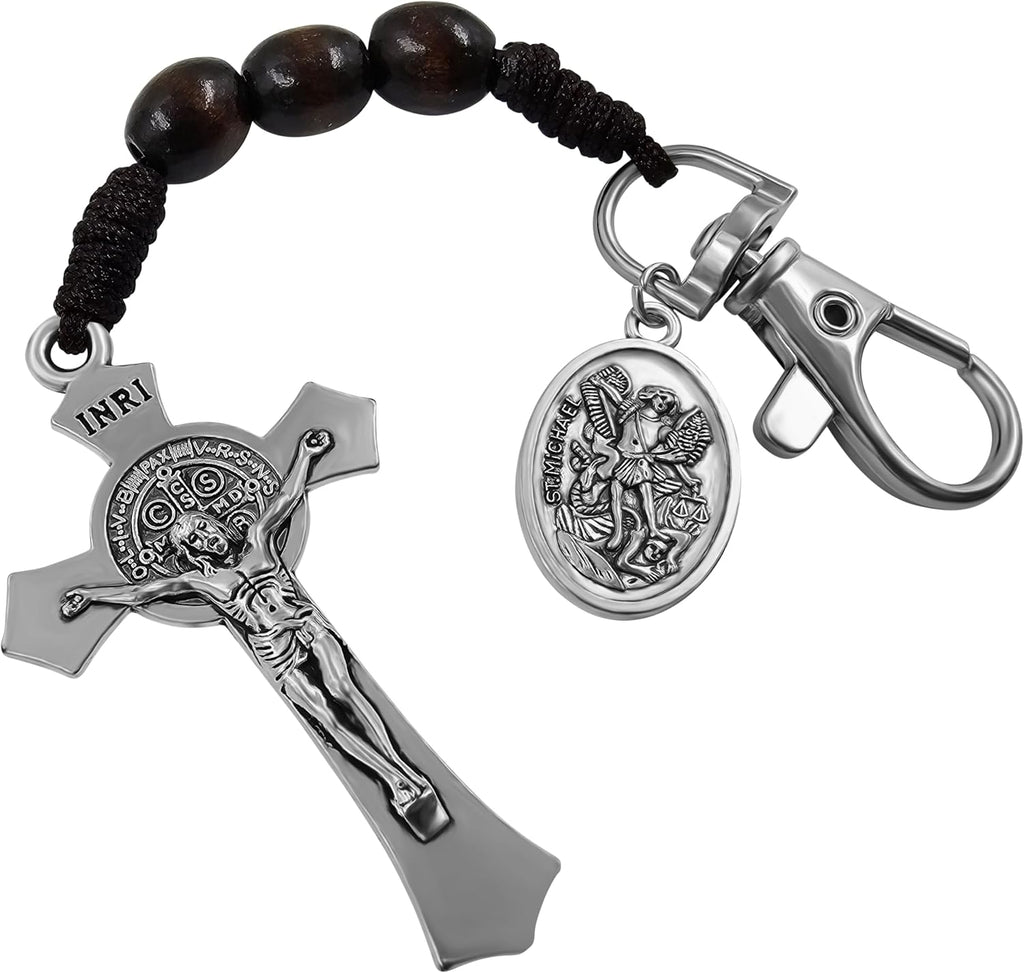 Catholic Rosary Keychain for Car St Benedict Cross Saint Michael