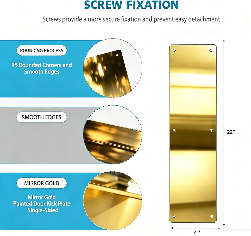 Door Push Plate, 4" x 22" AL Metal KickPlate, Gold Mirror, 2 Pack | Rounded Corners, Screw Mount Installation, Kick